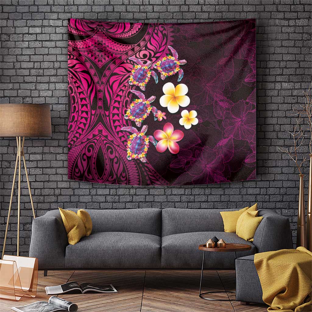 Hawaiian Turtles and Plumeria Tapestry Polynesian Art Tribal Tattoo Cerise