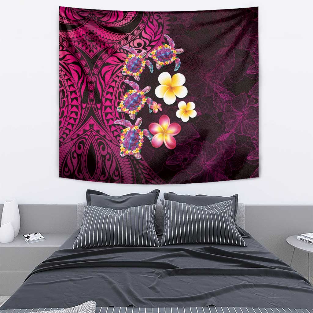 Hawaiian Turtles and Plumeria Tapestry Polynesian Art Tribal Tattoo Cerise
