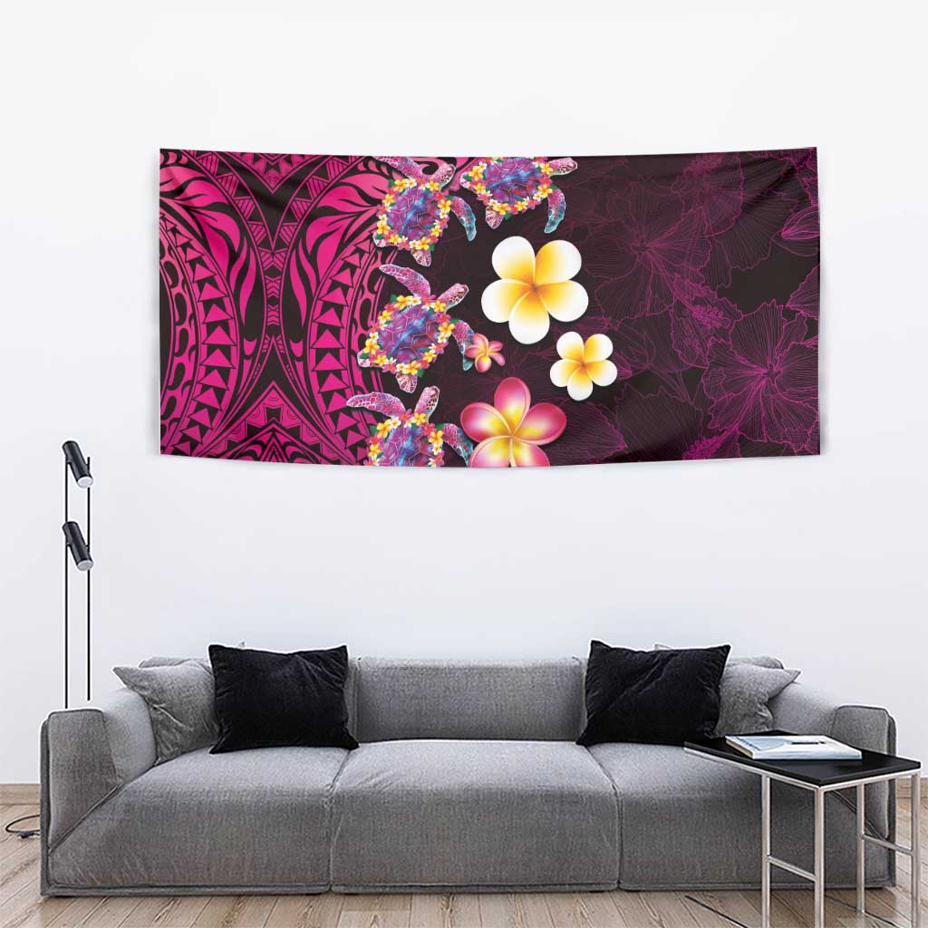 Hawaiian Turtles and Plumeria Tapestry Polynesian Art Tribal Tattoo Cerise