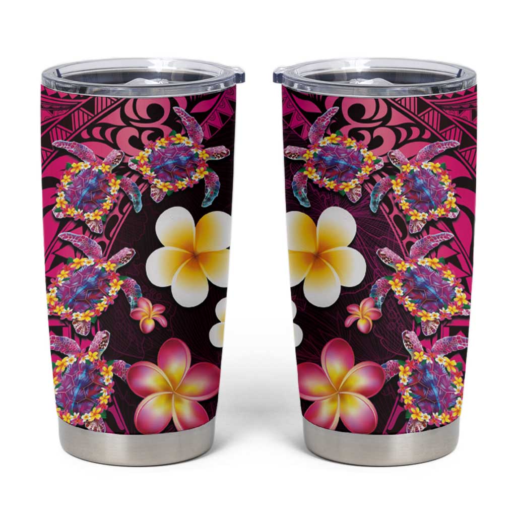 Hawaiian Turtles and Plumeria Tumbler Cup Polynesian Art Tribal Tattoo Cerise