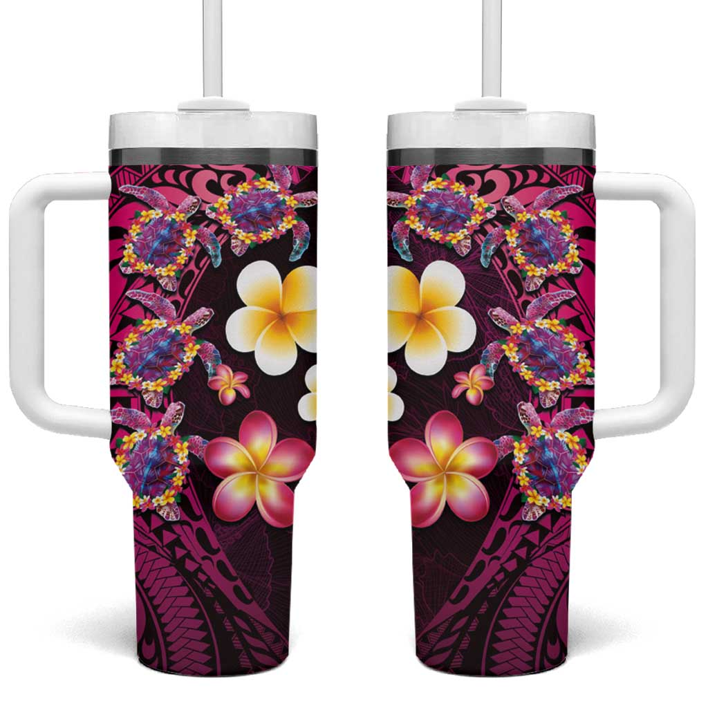 Hawaiian Turtles and Plumeria Tumbler With Handle Polynesian Art Tribal Tattoo Cerise