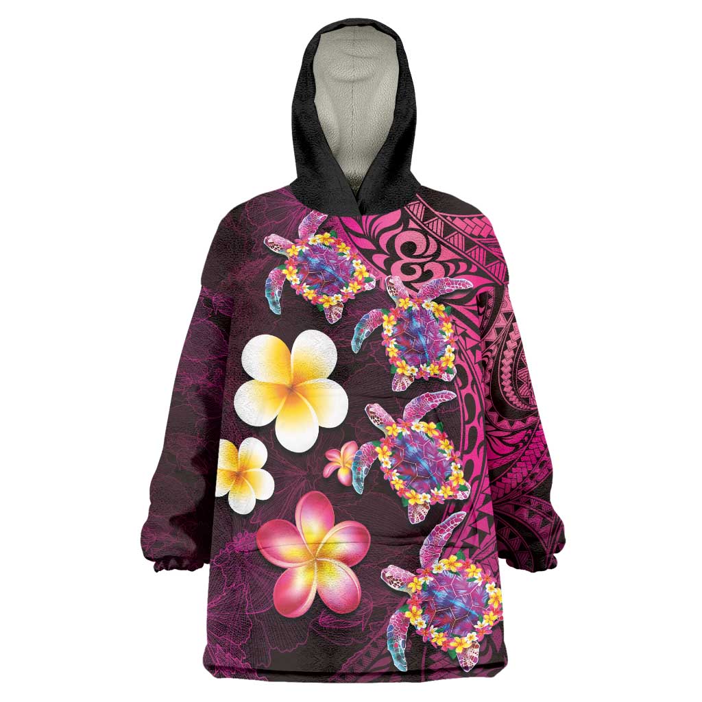 Hawaiian Turtles and Plumeria Wearable Blanket Hoodie Polynesian Art Tribal Tattoo Cerise