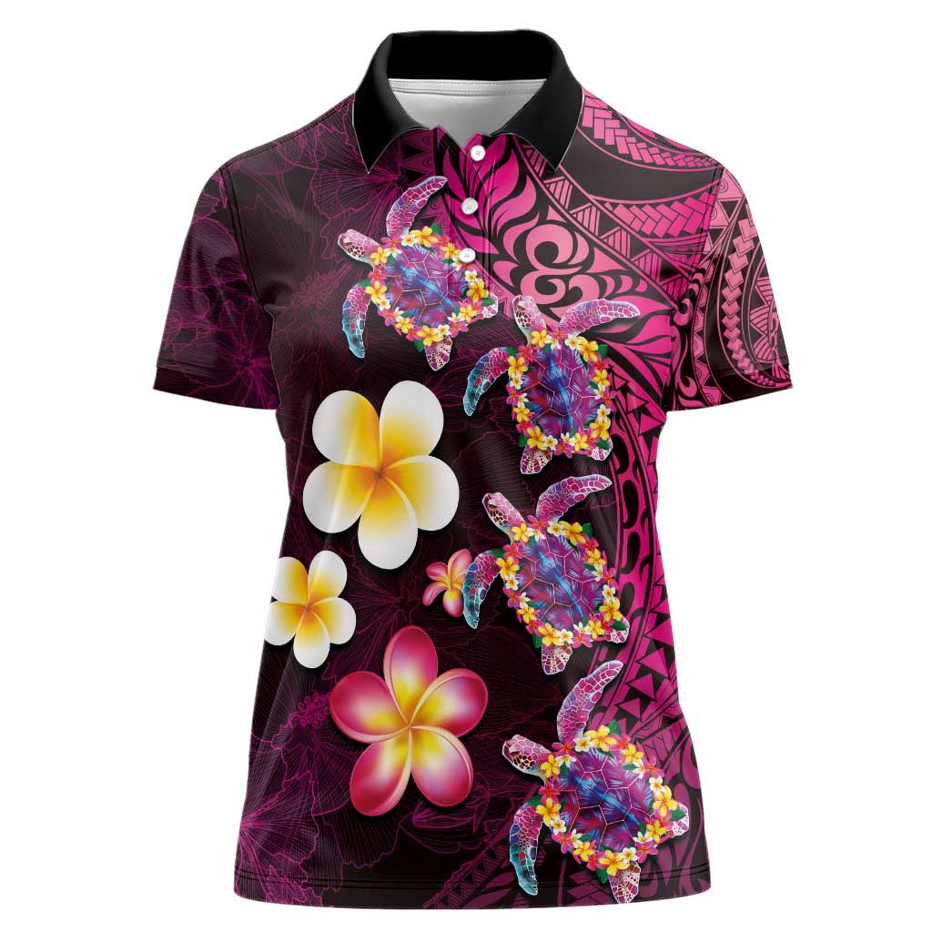 Hawaiian Turtles and Plumeria Women Polo Shirt Polynesian Art Tribal Tattoo Cerise