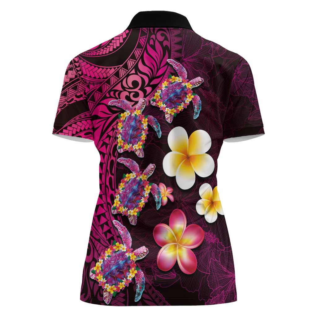 Hawaiian Turtles and Plumeria Women Polo Shirt Polynesian Art Tribal Tattoo Cerise LT03 - Polynesian Pride