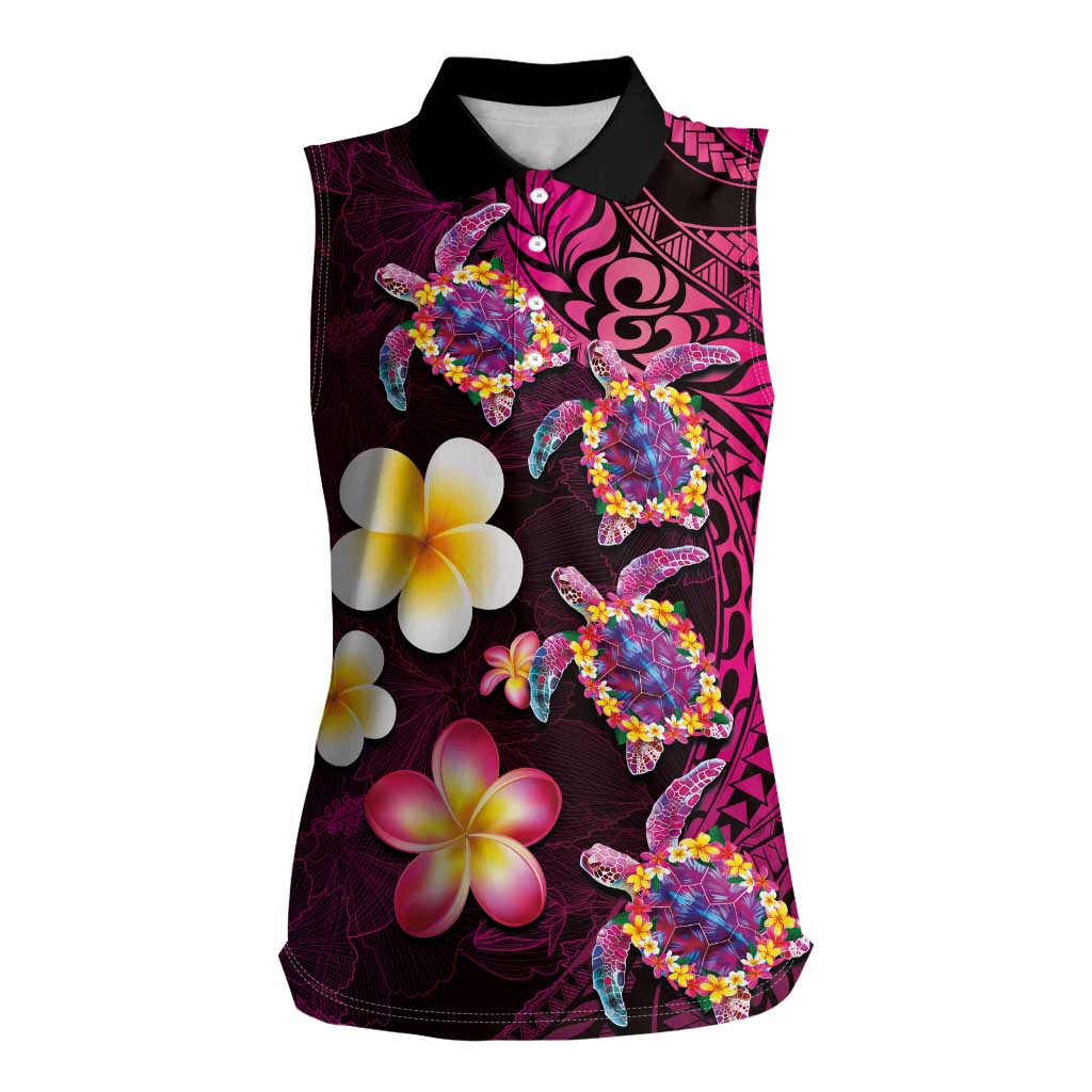 Hawaiian Turtles and Plumeria Women Sleeveless Polo Shirt Polynesian Art Tribal Tattoo Cerise