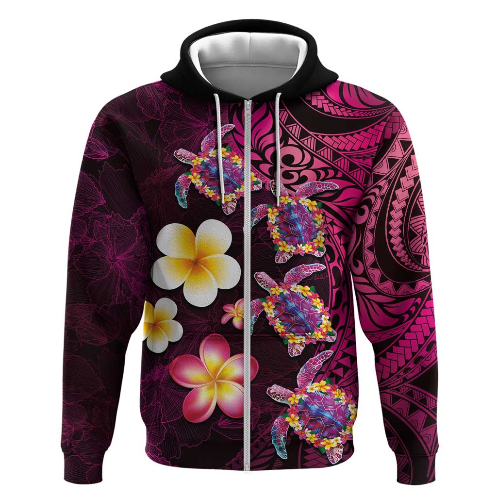 Hawaiian Turtles and Plumeria Zip Hoodie Polynesian Art Tribal Tattoo Cerise