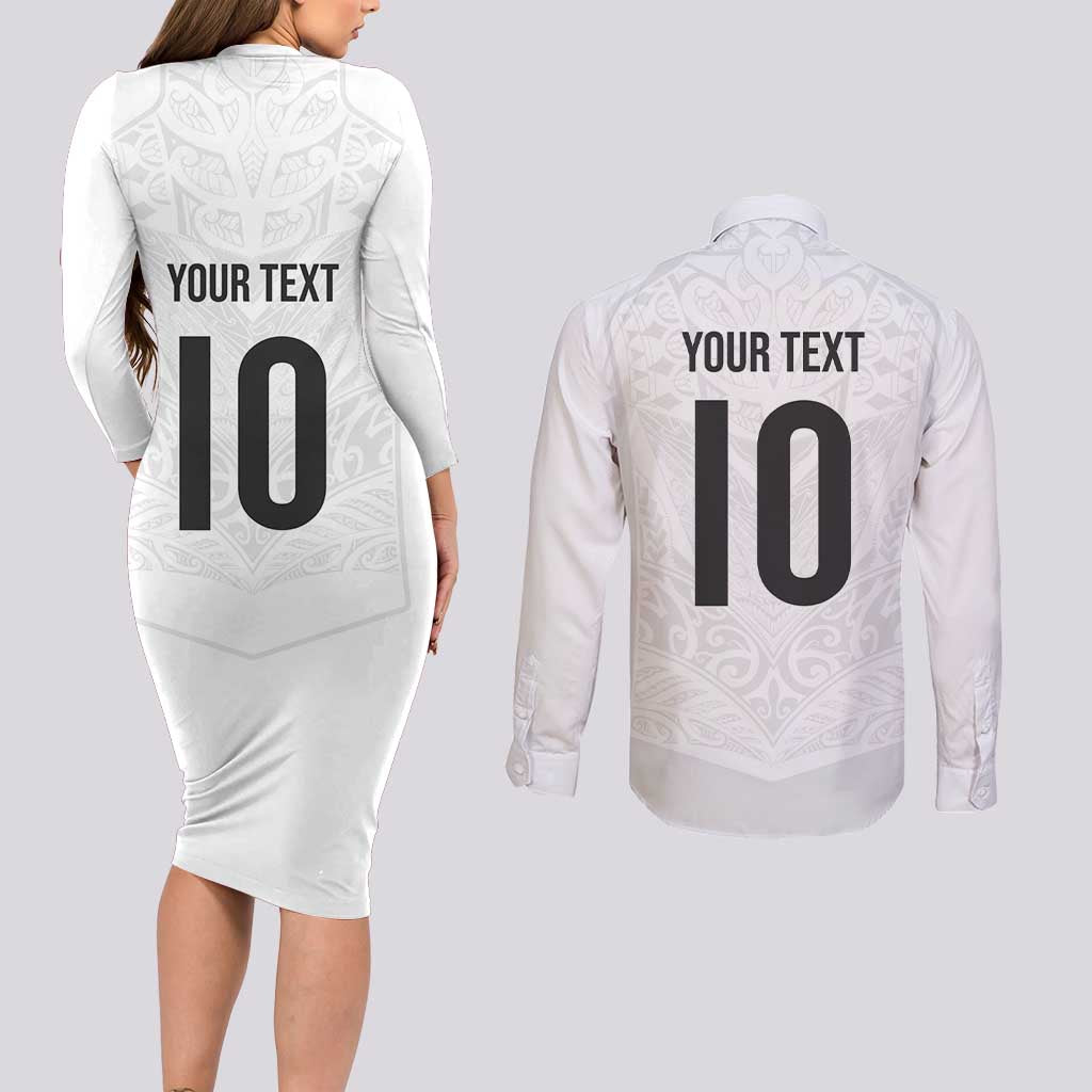 Custom New Zealand Football Couples Matching Long Sleeve Bodycon Dress and Long Sleeve Button Shirt The Whites-Sporty T90 Style LT03 - Polynesian Pride