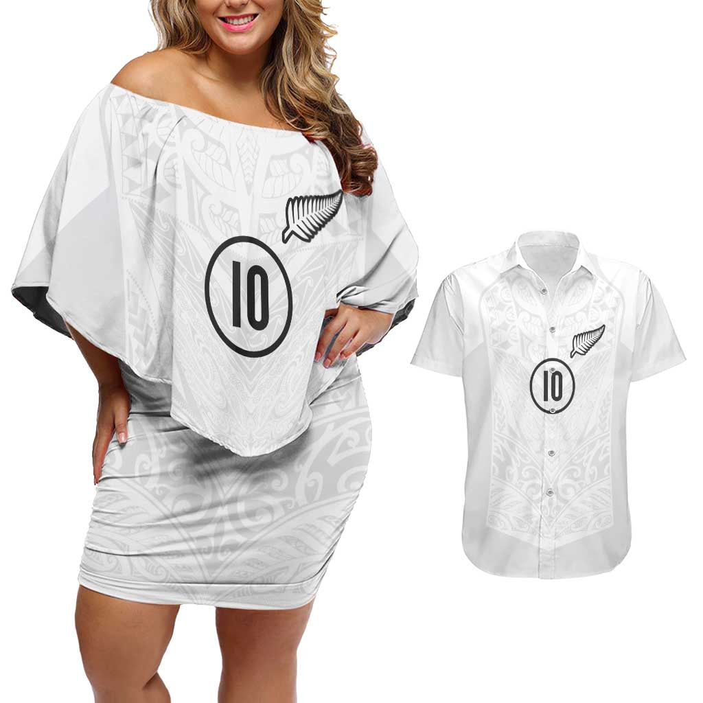 Custom New Zealand Football Couples Matching Off Shoulder Short Dress and Hawaiian Shirt The Whites-Sporty T90 Style LT03 White - Polynesian Pride