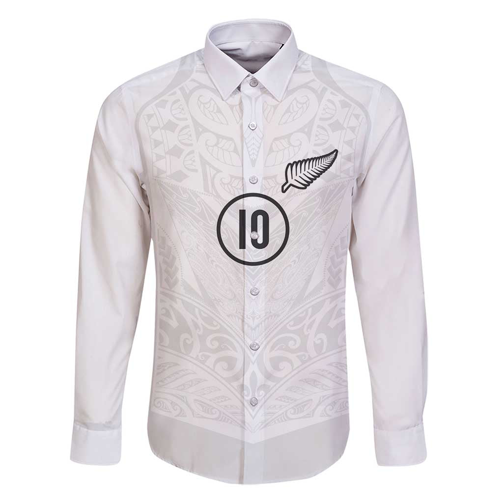 Custom New Zealand Football Family Matching Off Shoulder Short Dress and Hawaiian Shirt The Whites-Sporty T90 Style LT03 Dad's Shirt - Long Sleeve White - Polynesian Pride