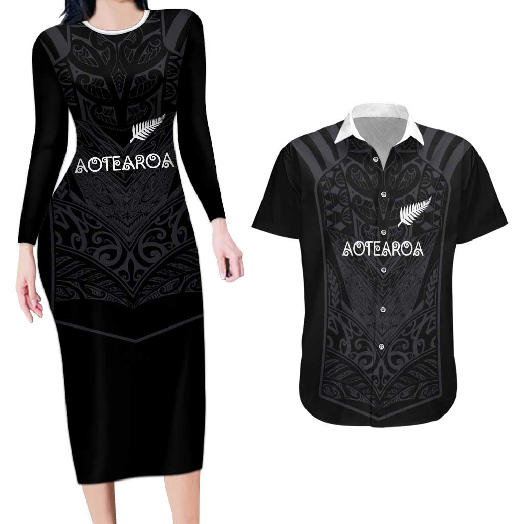 Custom Aotearoa Rugby Couples Matching Long Sleeve Bodycon Dress and Hawaiian Shirt The Blacks-Sporty T90 Style LT03 Black - Polynesian Pride