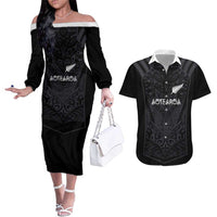 Custom Aotearoa Rugby Couples Matching Off The Shoulder Long Sleeve Dress and Hawaiian Shirt The Blacks-Sporty T90 Style LT03 Black - Polynesian Pride