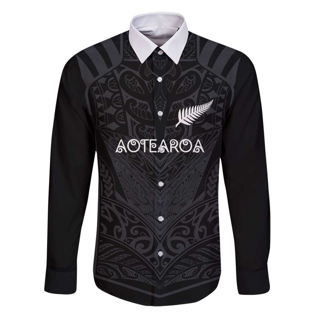 Custom Aotearoa Rugby Family Matching Mermaid Dress and Hawaiian Shirt The Blacks-Sporty T90 Style LT03 Dad's Shirt - Long Sleeve Black - Polynesian Pride
