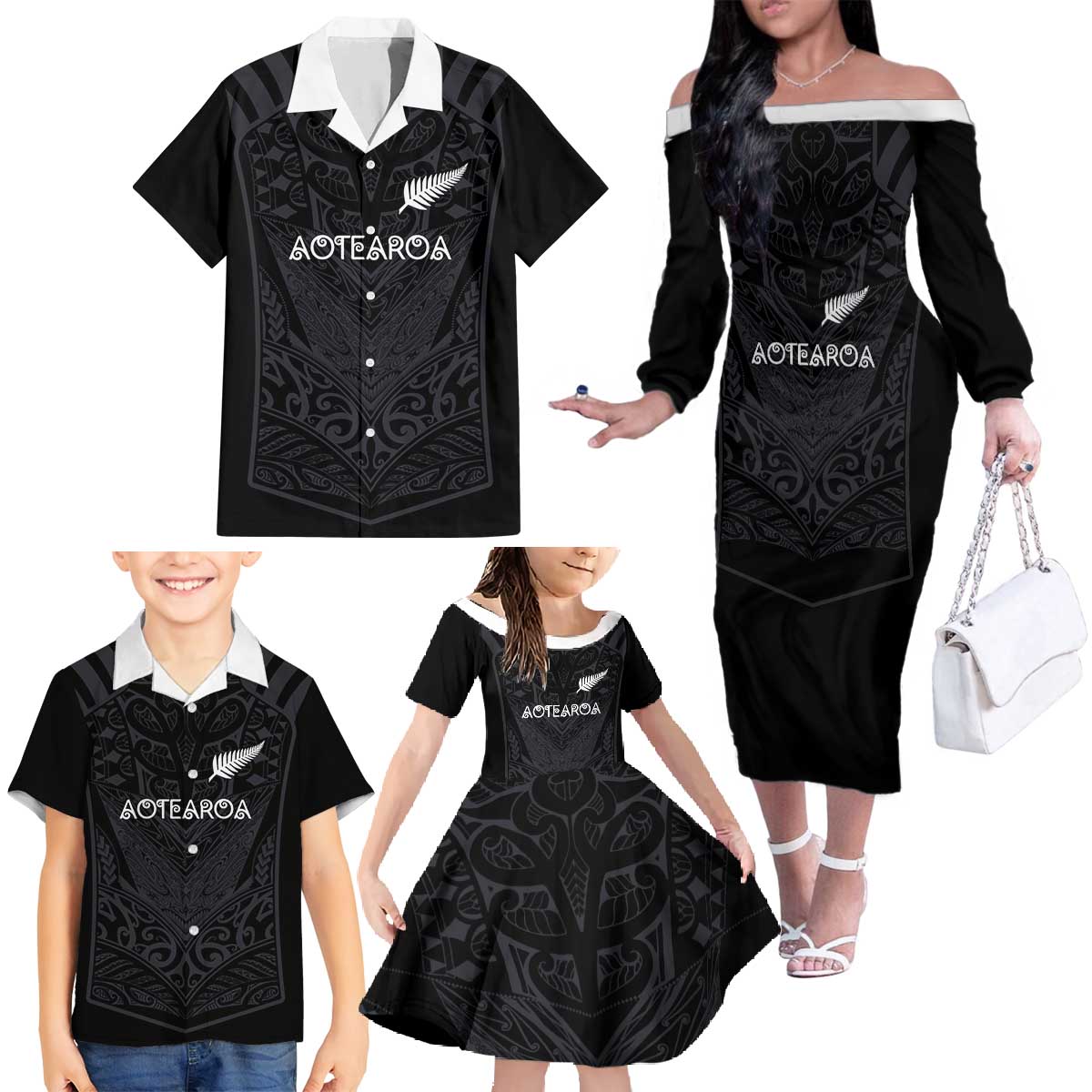 Custom Aotearoa Rugby Family Matching Off The Shoulder Long Sleeve Dress and Hawaiian Shirt The Blacks-Sporty T90 Style LT03 - Polynesian Pride