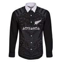 Custom Aotearoa Rugby Family Matching Off The Shoulder Long Sleeve Dress and Hawaiian Shirt The Blacks-Sporty T90 Style LT03 Dad's Shirt - Long Sleeve Black - Polynesian Pride