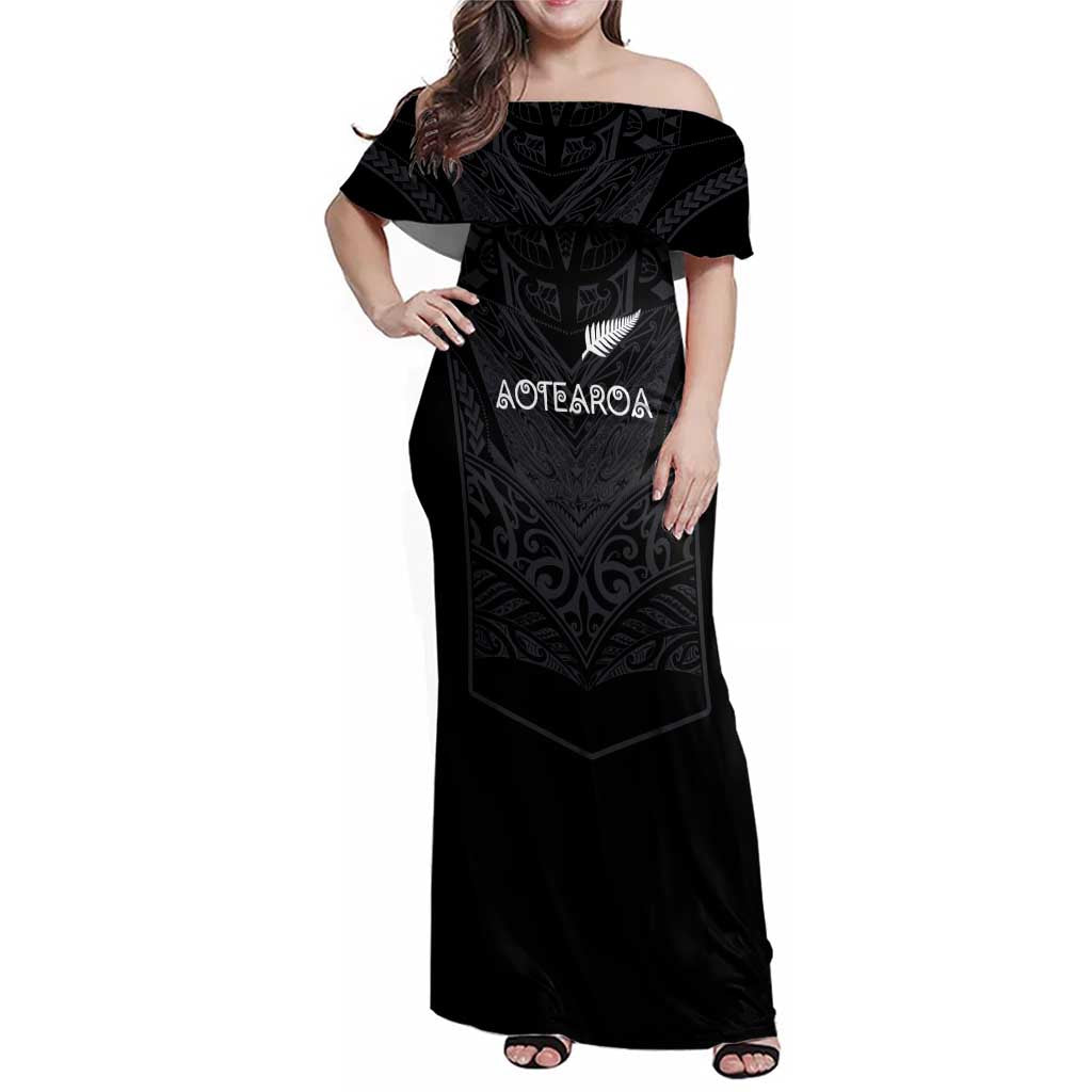 Custom Aotearoa Rugby Family Matching Off Shoulder Maxi Dress and Hawaiian Shirt The Blacks-Sporty T90 Style LT03 Mom's Dress Black - Polynesian Pride