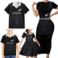Custom Aotearoa Rugby Family Matching Short Sleeve Bodycon Dress and Hawaiian Shirt The Blacks-Sporty T90 Style LT03 - Polynesian Pride