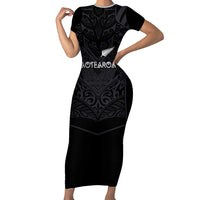 Custom Aotearoa Rugby Family Matching Short Sleeve Bodycon Dress and Hawaiian Shirt The Blacks-Sporty T90 Style LT03 Mom's Dress Black - Polynesian Pride