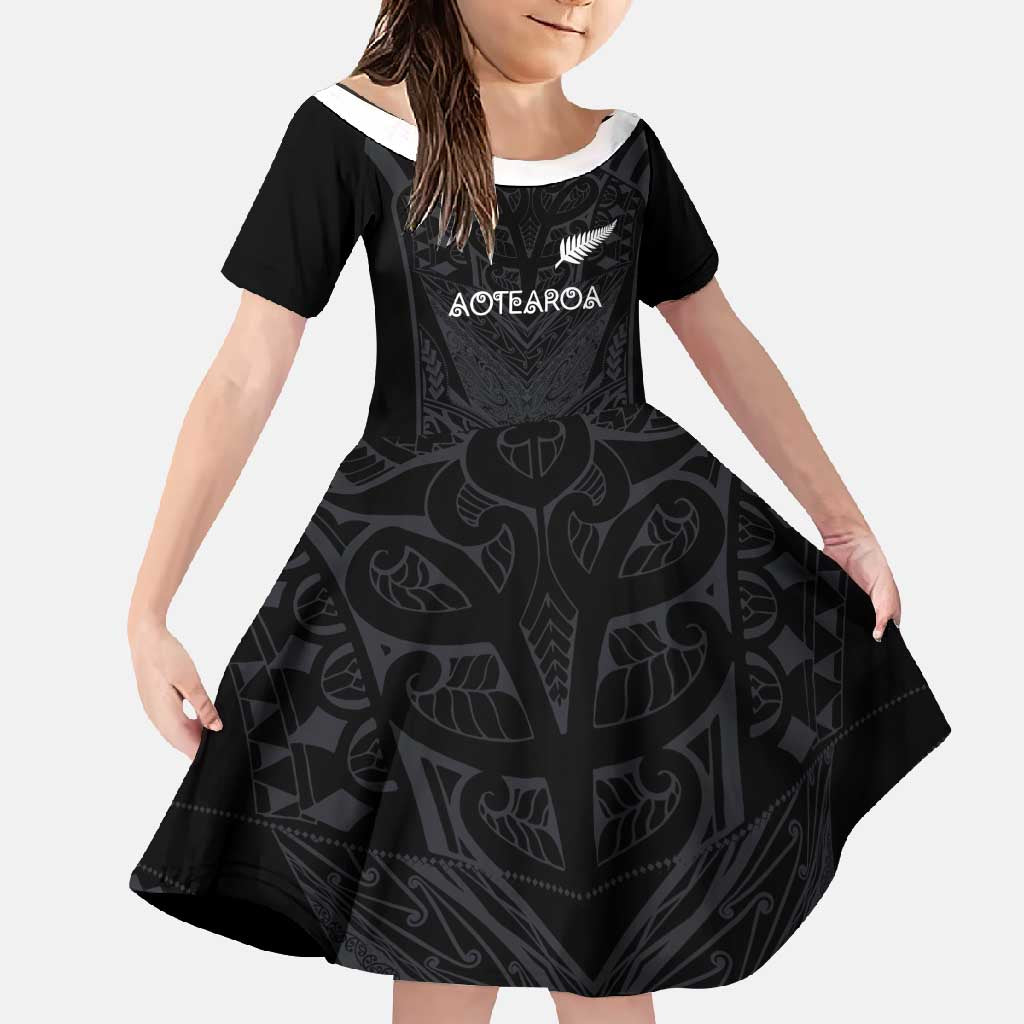 Custom Aotearoa Rugby Family Matching Tank Maxi Dress and Hawaiian Shirt The Blacks-Sporty T90 Style LT03 Daughter's Dress Black - Polynesian Pride