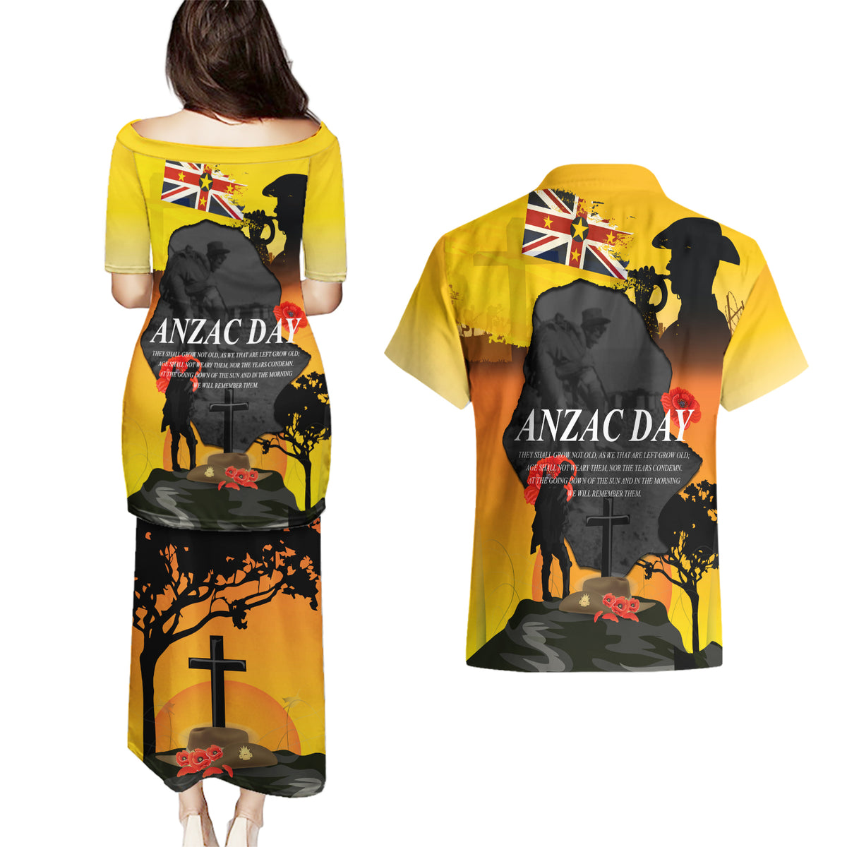 Niue ANZAC Day Couples Matching Puletasi and Hawaiian Shirt Soldier and Gallipoli Lest We Forget LT03 - Polynesian Pride