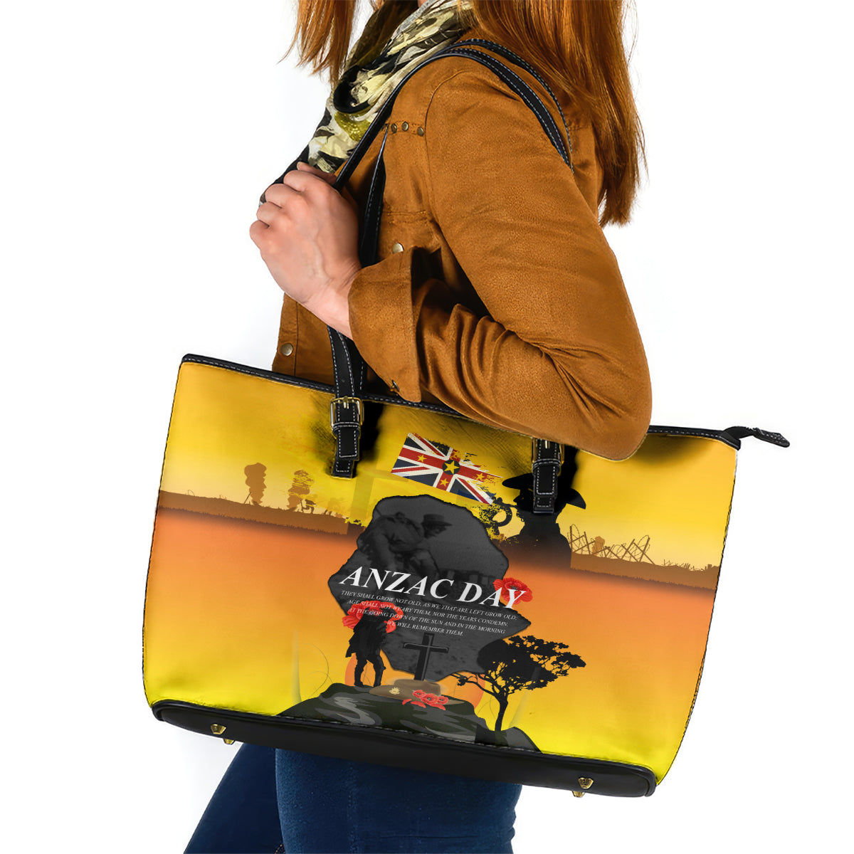 Niue ANZAC Day Leather Tote Bag Soldier and Gallipoli Lest We Forget LT03 Yellow - Polynesian Pride