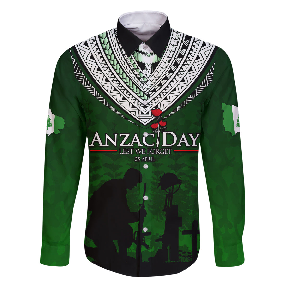 Norfolk Island ANZAC Day Family Matching Puletasi and Hawaiian Shirt Soldier Lest We Forget Camouflage LT03 Dad's Shirt - Long Sleeve Green - Polynesian Pride