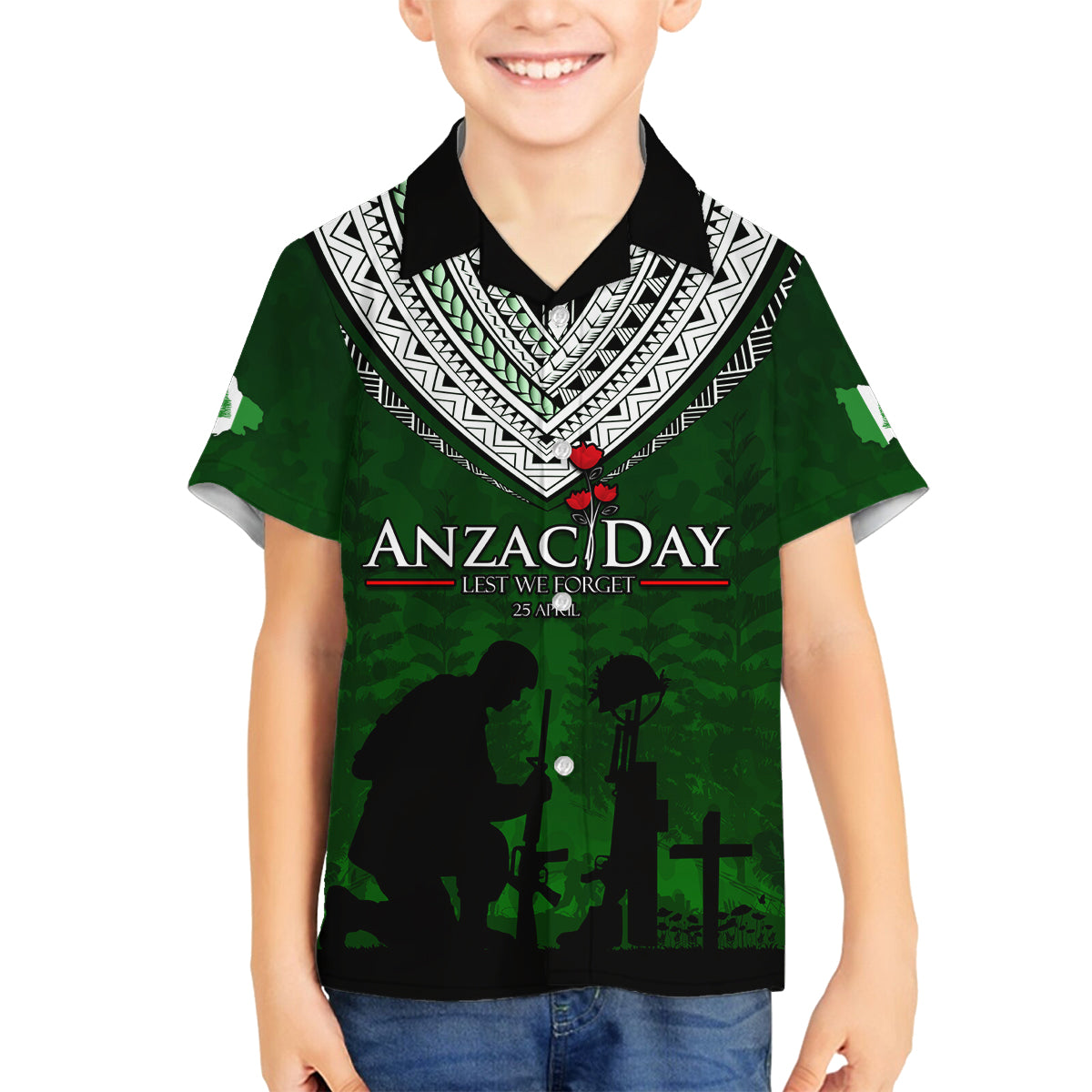Norfolk Island ANZAC Day Family Matching Summer Maxi Dress and Hawaiian Shirt Soldier Lest We Forget Camouflage LT03 Son's Shirt Green - Polynesian Pride