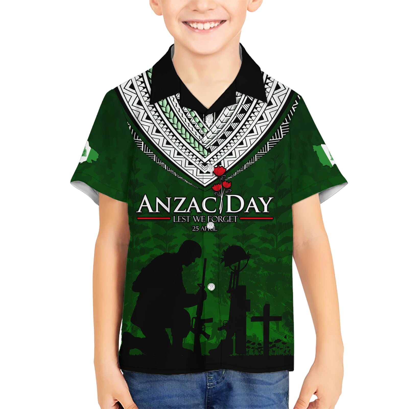 Norfolk Island ANZAC Day Kid Hawaiian Shirt Soldier Lest We Forget Camouflage LT03 Kid Green - Polynesian Pride