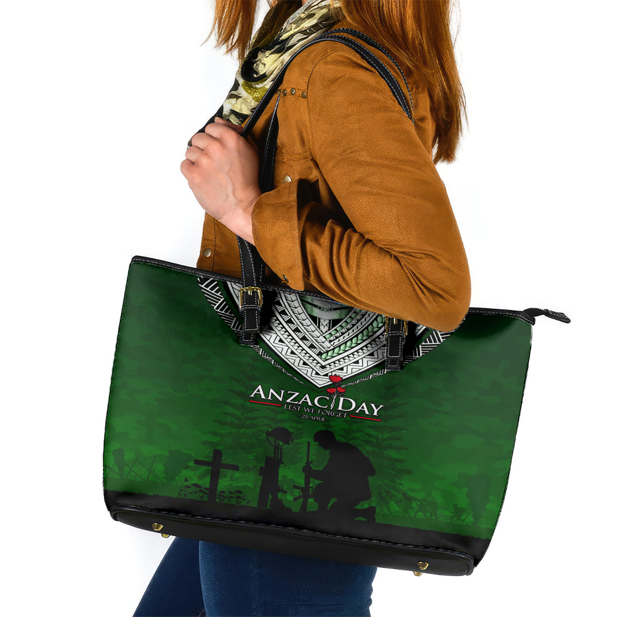 Norfolk Island ANZAC Day Leather Tote Bag Soldier Lest We Forget Camouflage LT03 Green - Polynesian Pride