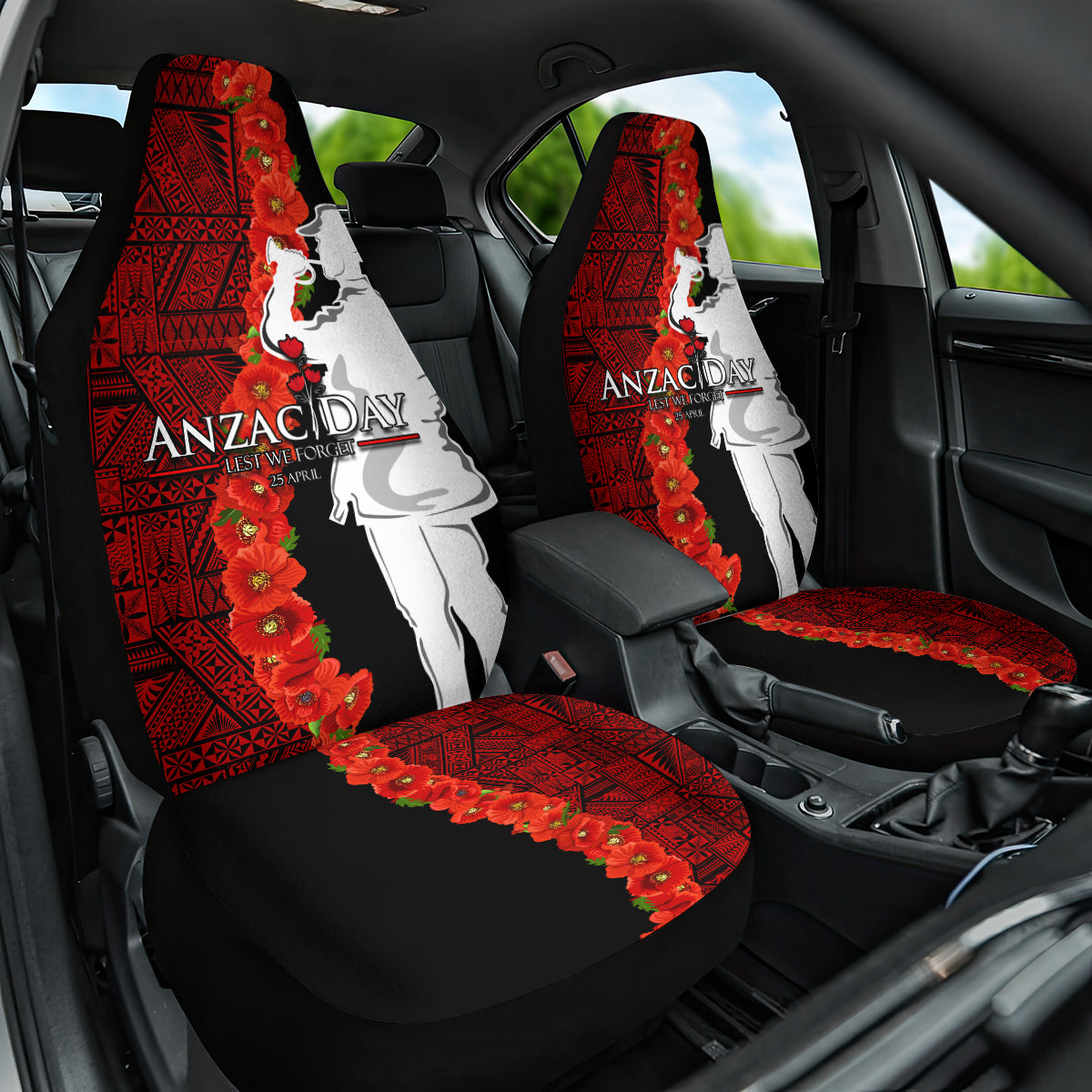 Tonga ANZAC Day Car Seat Cover Red Poppies Flower Soldier Lest We Forget LT03 One Size Red - Polynesian Pride