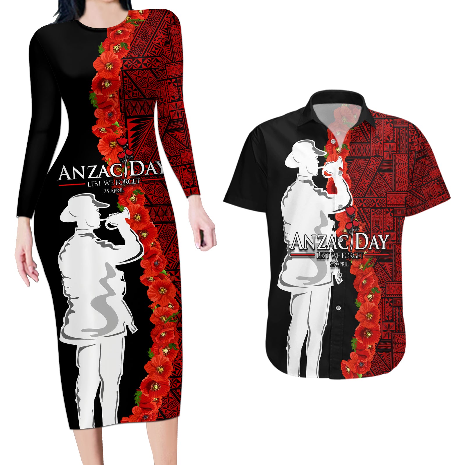 Tonga ANZAC Day Couples Matching Long Sleeve Bodycon Dress and Hawaiian Shirt Red Poppies Flower Soldier Lest We Forget LT03 Red - Polynesian Pride