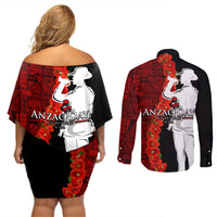 Tonga ANZAC Day Couples Matching Off Shoulder Short Dress and Long Sleeve Button Shirt Red Poppies Flower Soldier Lest We Forget LT03 - Polynesian Pride