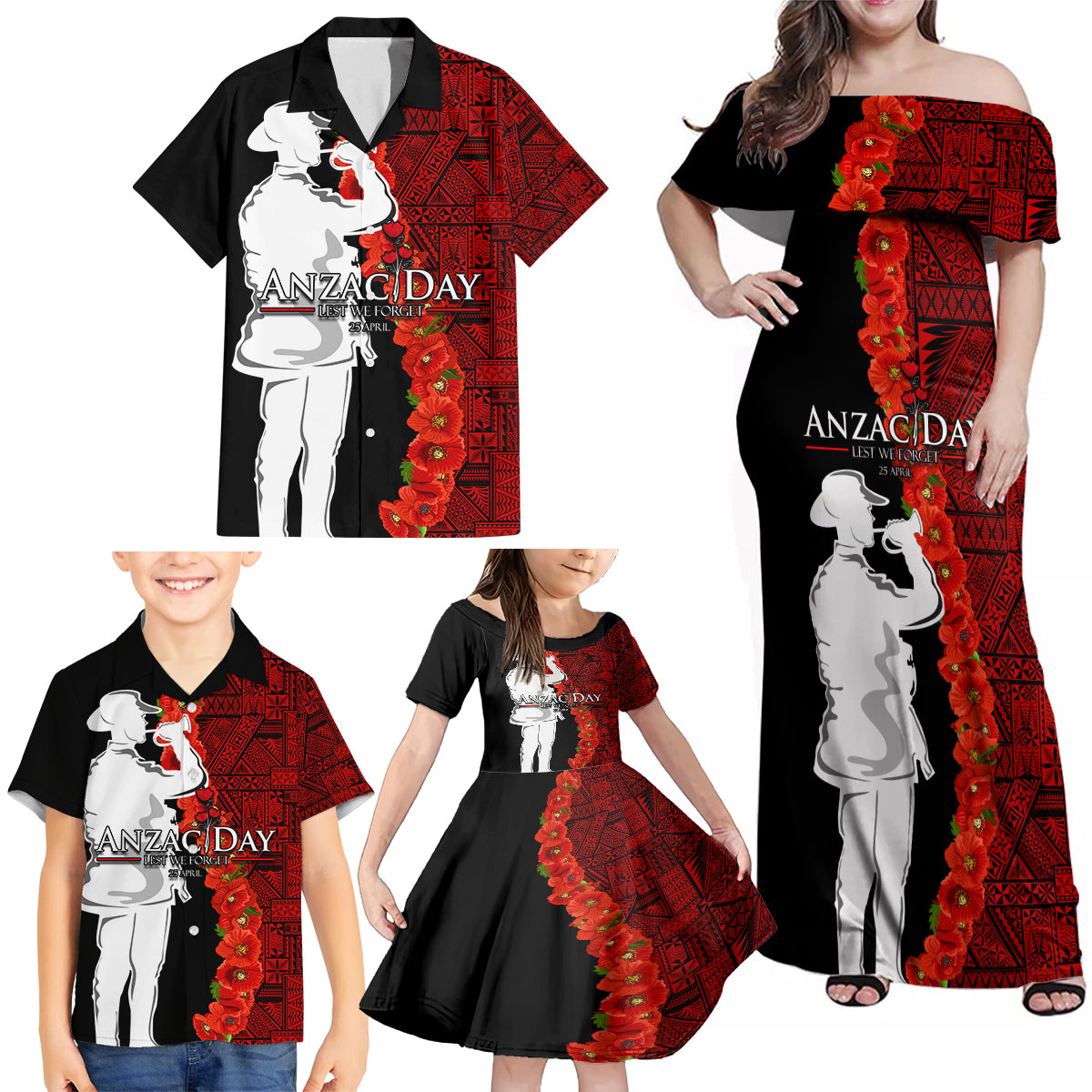 Tonga ANZAC Day Family Matching Off Shoulder Maxi Dress and Hawaiian Shirt Red Poppies Flower Soldier Lest We Forget LT03 - Polynesian Pride