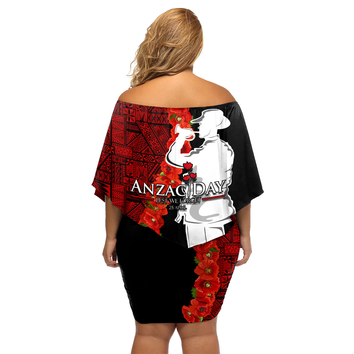 Tonga ANZAC Day Family Matching Off Shoulder Short Dress and Hawaiian Shirt Red Poppies Flower Soldier Lest We Forget LT03 - Polynesian Pride