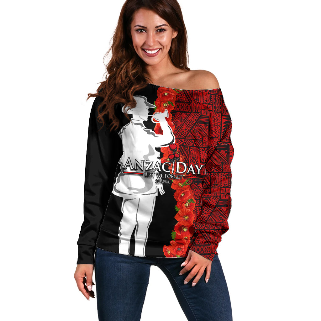 Tonga ANZAC Day Off Shoulder Sweater Red Poppies Flower Soldier Lest We Forget LT03 Women Red - Polynesian Pride