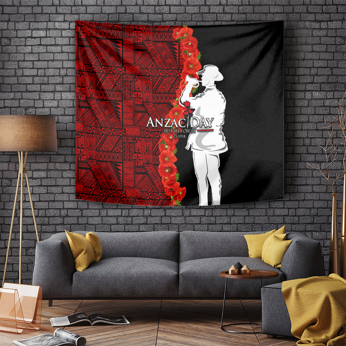 Tonga ANZAC Day Tapestry Red Poppies Flower Soldier Lest We Forget LT03 - Polynesian Pride