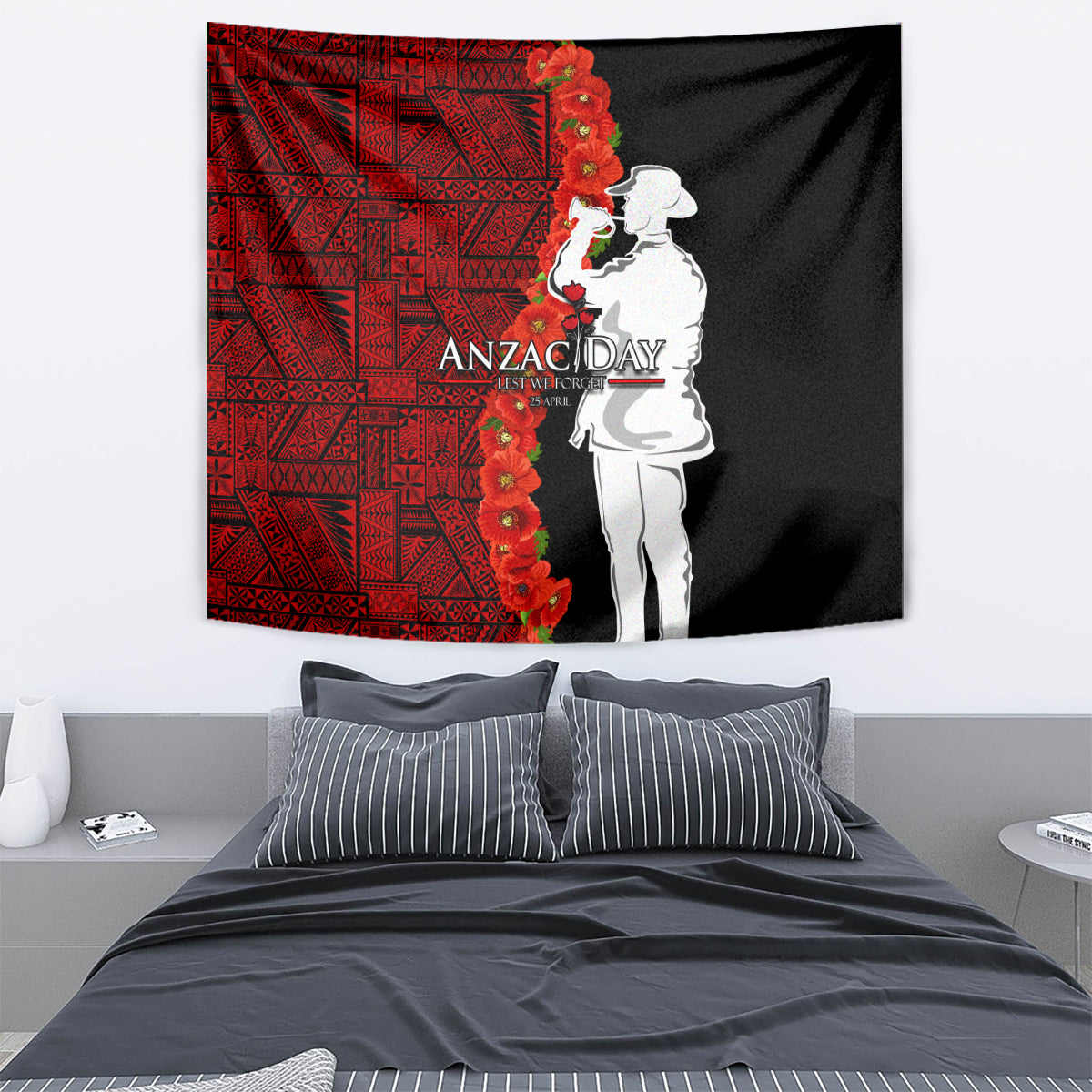 Tonga ANZAC Day Tapestry Red Poppies Flower Soldier Lest We Forget LT03 - Polynesian Pride