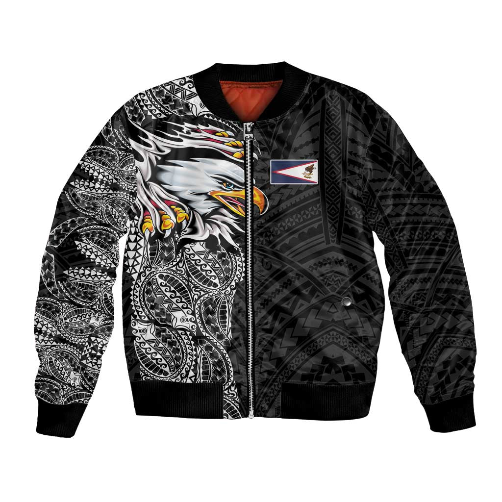 American Samoa Flag Day Bomber Jacket Tribal Tattoo with Eagle Black