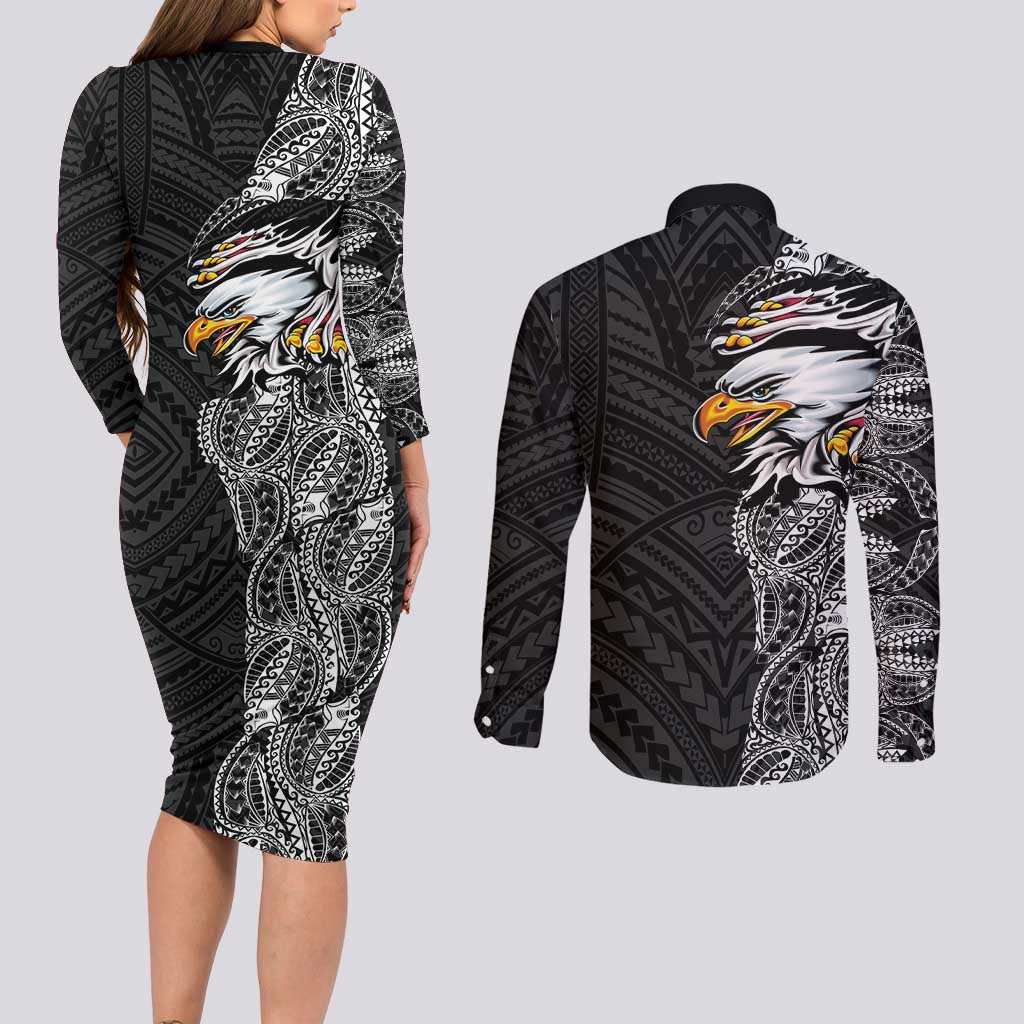 American Samoa Flag Day Couples Matching Long Sleeve Bodycon Dress and Long Sleeve Button Shirt Tribal Tattoo with Eagle Black