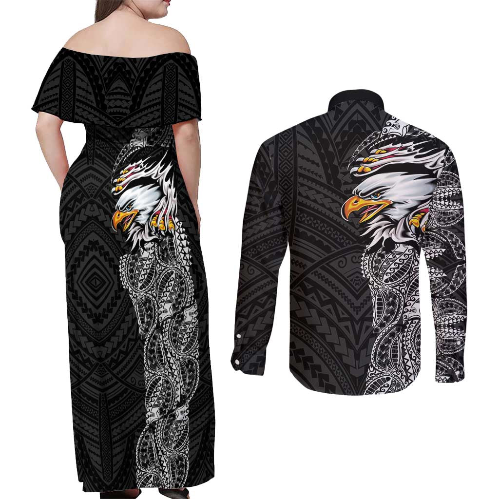 American Samoa Flag Day Couples Matching Off Shoulder Maxi Dress and Long Sleeve Button Shirt Tribal Tattoo with Eagle Black