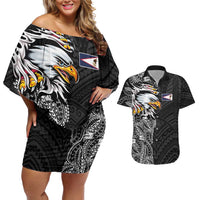 American Samoa Flag Day Couples Matching Off Shoulder Short Dress and Hawaiian Shirt Tribal Tattoo with Eagle Black