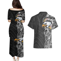 American Samoa Flag Day Couples Matching Puletasi and Hawaiian Shirt Tribal Tattoo with Eagle Black