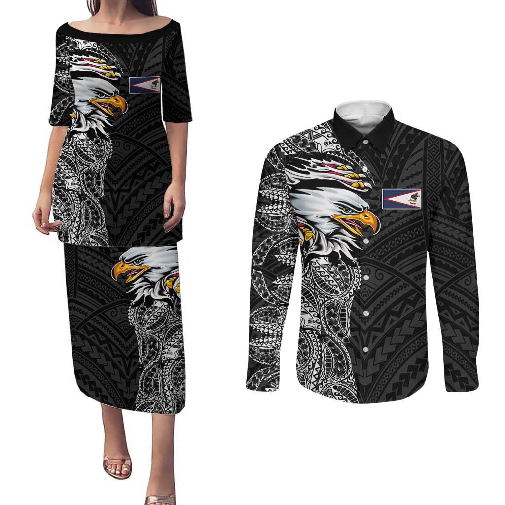American Samoa Flag Day Couples Matching Puletasi and Long Sleeve Button Shirt Tribal Tattoo with Eagle Black