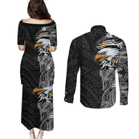 American Samoa Flag Day Couples Matching Puletasi and Long Sleeve Button Shirt Tribal Tattoo with Eagle Black