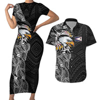 American Samoa Flag Day Couples Matching Short Sleeve Bodycon Dress and Hawaiian Shirt Tribal Tattoo with Eagle Black