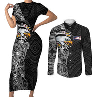 American Samoa Flag Day Couples Matching Short Sleeve Bodycon Dress and Long Sleeve Button Shirt Tribal Tattoo with Eagle Black