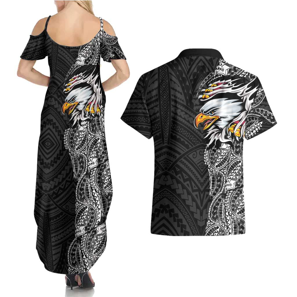 American Samoa Flag Day Couples Matching Summer Maxi Dress and Hawaiian Shirt Tribal Tattoo with Eagle Black