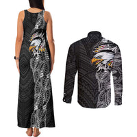 American Samoa Flag Day Couples Matching Tank Maxi Dress and Long Sleeve Button Shirt Tribal Tattoo with Eagle Black