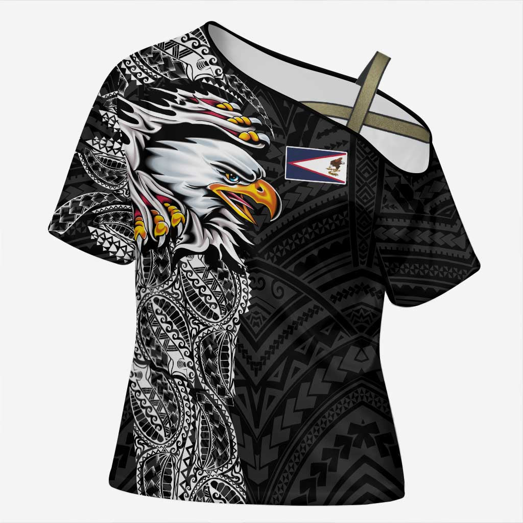 American Samoa Flag Day Cross Shoulder Shirt Tribal Tattoo with Eagle Black