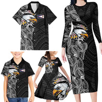 American Samoa Flag Day Family Matching Long Sleeve Bodycon Dress and Hawaiian Shirt Tribal Tattoo with Eagle Black LT03 - Polynesian Pride