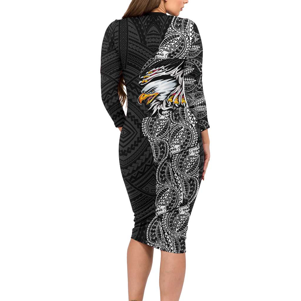 American Samoa Flag Day Family Matching Long Sleeve Bodycon Dress and Hawaiian Shirt Tribal Tattoo with Eagle Black LT03 - Polynesian Pride